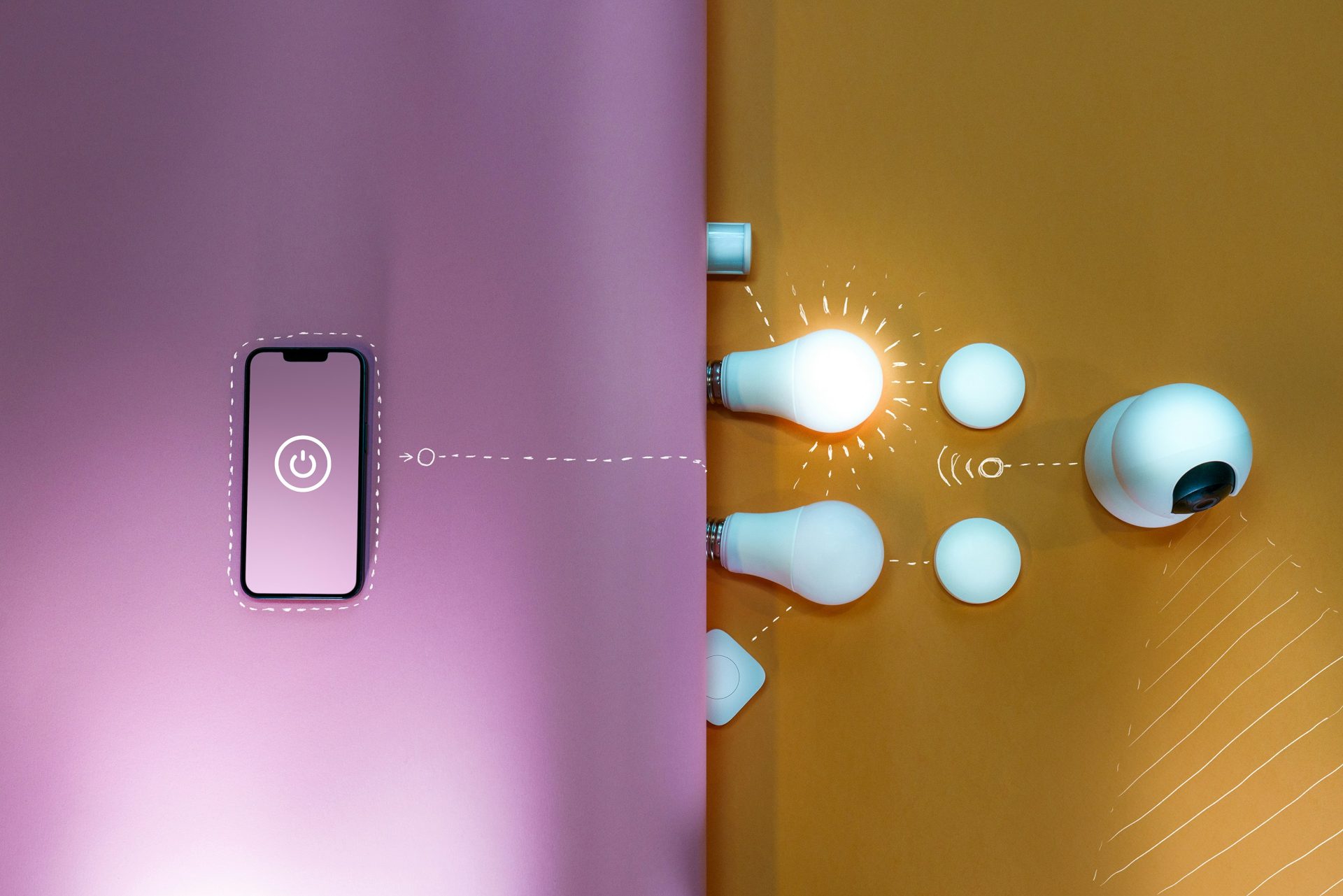 Ein Mobiltelefon ist mit einem Lichtschalter verbunden.